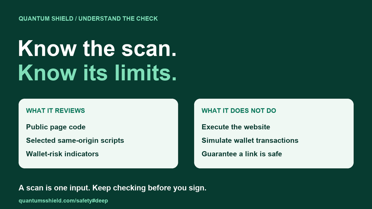 Quantumsshield's tweet photo. Know the scan. Know its limits.

Our website review checks public code for wallet-risk indicators. It does not execute the site or simulate transactions.

No flags ≠ guaranteed safe. Read the coverage limits.

https://t.co/4xtppzfzaR

#Web3Security https://t.co/RRbF9t8OZ9