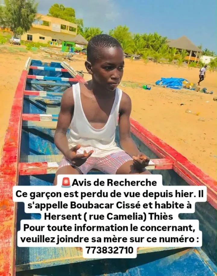 Avis_Senegal's tweet photo. 🚨Avis de Recherche 
Ce garçon est perdu de vue depuis hier. Il s'appelle Boubacar Cissé et habite à Hersent ( rue Camelia) Thiès 
Pour toute information le concernant, veuillez joindre sa mère sur ce numéro : 773832710 https://t.co/cTS484ffhP