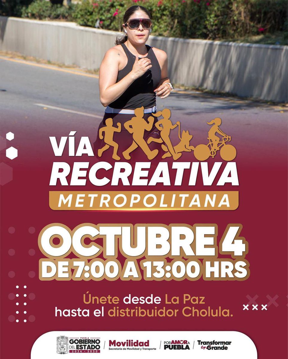 UNICREAPue's tweet photo. 🚴‍♀️🏃🏻 Te esperamos en la Vía Recreativa Metropolitana este 4 de octubre, de 7:00 a 13:00 h.📍Desde La Paz hasta el Distribuidor Cholula.✅El @Gob_Puebla te invita a disfrutar de un espacio para correr, andar en bicicleta y convivir en familia

#PorAmorAPuebla #TransformarEnGrande https://t.co/tIwthaACle
