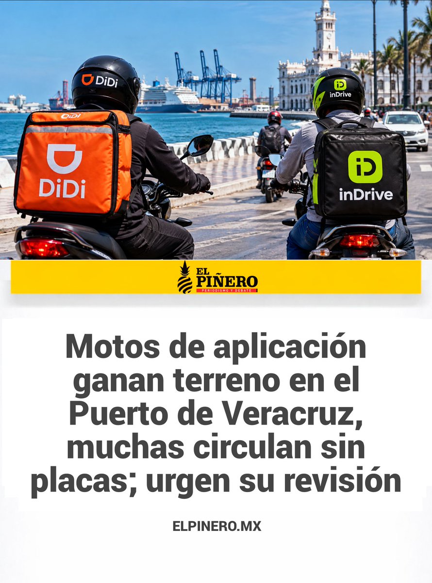 ELPINERO's tweet photo. #RELEVANTE 🗣️🆕 Motos de aplicación ganan terreno en el Puerto de Veracruz, pero muchas circulan sin placas; urgen su revisión
➡️ El servicio de traslado en motocicleta mediante aplicaciones como #DiDi e #inDrive ya opera en #Veracruz, #BocadelRío, #MedellíndeBravo y #Alvarado.
➡️ Ángel Domínguez, dirigente de la #UniónVeracruzana de Conductores de Aplicación, advirtió que han observado unidades en condiciones irregulares, entre ellas motocicletas sin placas.
https://t.co/PErmQttuzu
