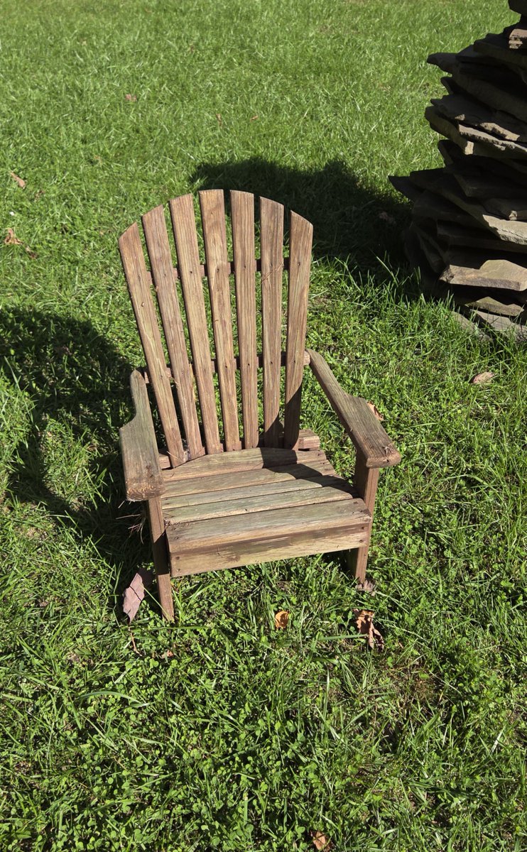 levelerai's tweet photo. My girls used to fit in this chair. I found it in the forest, abandoned. I suspect one of them put it there. I ended up retrieving it, giving it some sun. https://t.co/cXW6vt9XiV