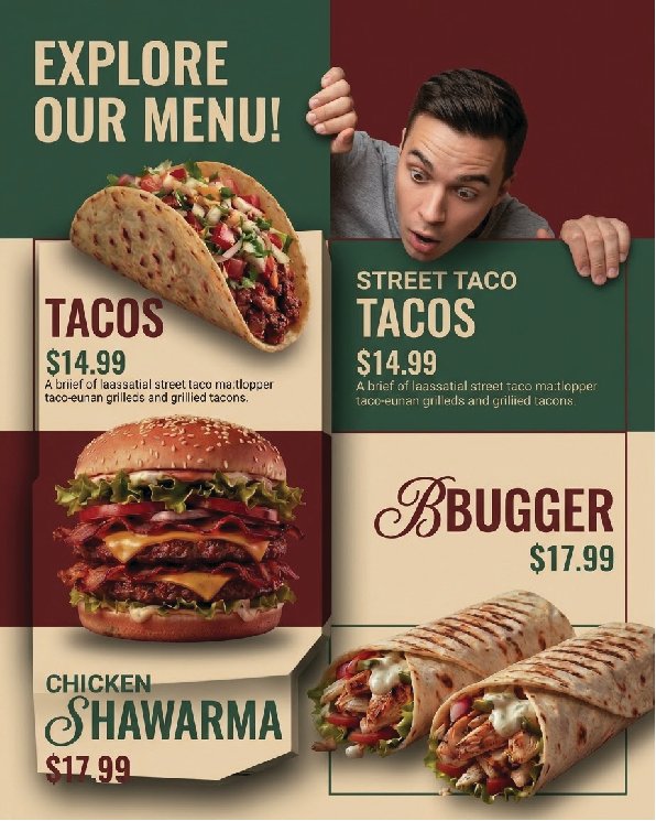 Samuel_styx's tweet photo. Which variation catches your eye?What if a restaurant menu felt like an experience? 👀🍔🌮
Just an idea I had, so I designed it.
Which variation catches your eye?
#GraphicDesign #FoodDesign #MenuDesign #FlyerDesign #RestaurantDesign #CreativeDesign #VisualDesign #Design https://t.co/8o2I40E5Pk