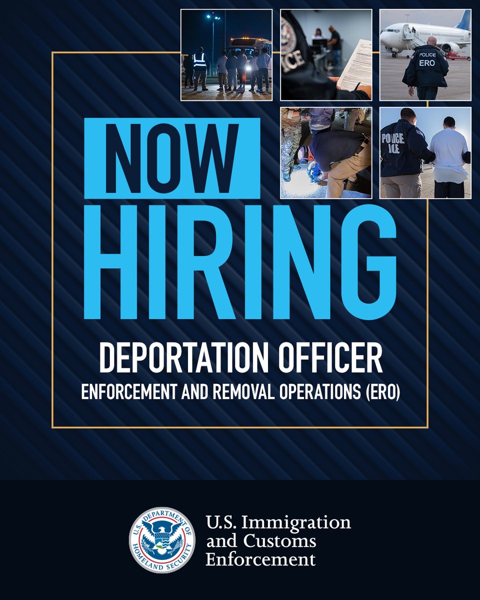 ICEgov's tweet photo. Are you ready to defend the homeland? 

Launch a dynamic and rewarding career as an ICE deportation officer and join a dedicated team safeguarding U.S. communities and upholding immigration laws.

💻Apply now: https://t.co/VzOtAymU29 https://t.co/1WYOwSmUVW