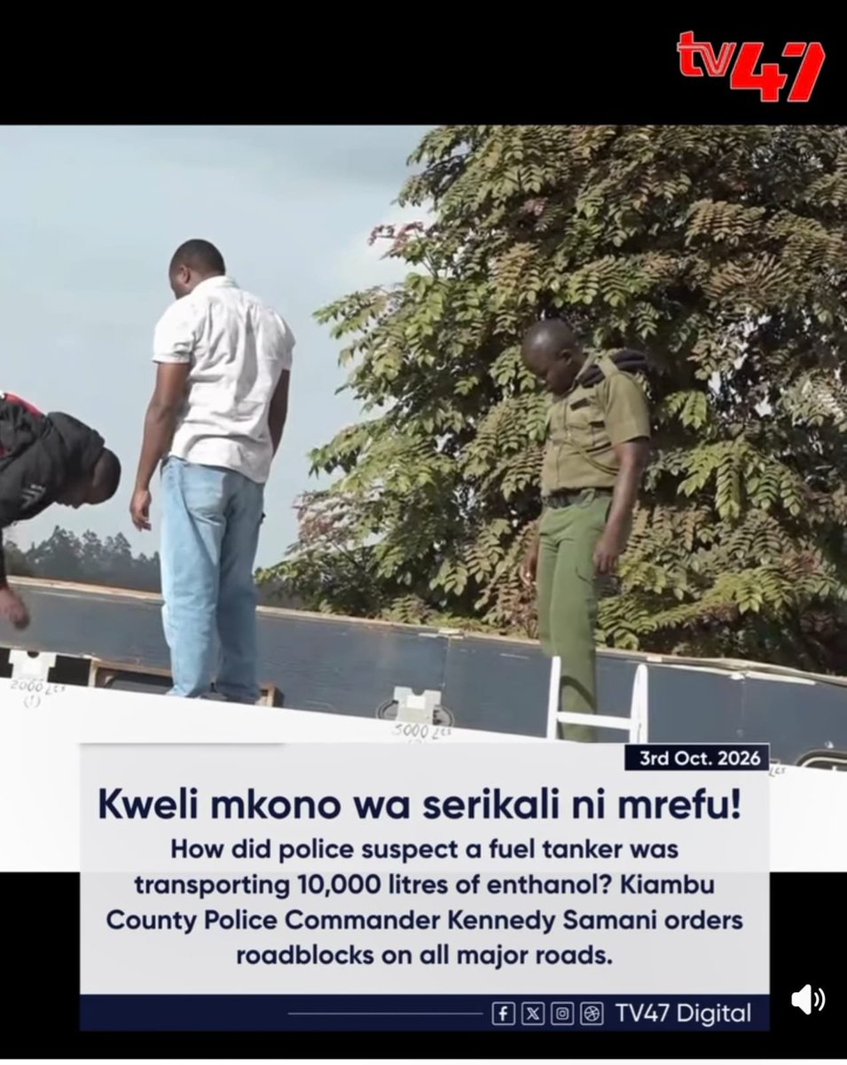 OleItumbi's tweet photo. Police in Kiambu have intercepted a petroleum tanker allegedly concealing 10,000 litres of ethanol. Three people arrested.

Kirinyaga's 24-hour roadblocks are disrupting the movement of illicit and counterfeit alcohol. Kiambu is tightening the net too.

County by county. Route by route. Den by den.

To the merchants of POISON, your circle is getting smaller.

Keep sharing information.

Asante DP @_KithureKindiki for supporting this fight.

WE WILL NOT RELENT.