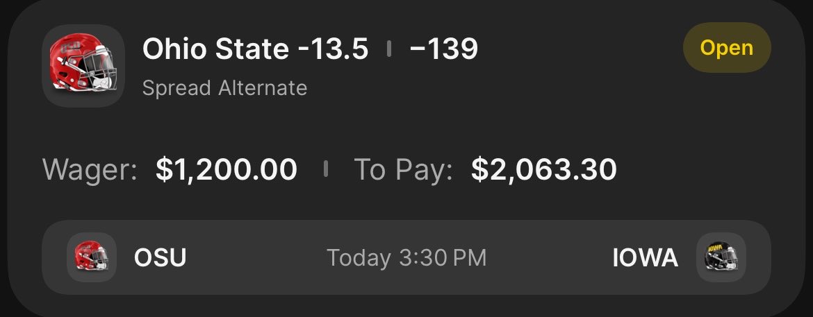 Gridiron_Picks8's tweet photo. Ohio State -13.5 (-139) 5U POD ⭐️

Won’t be a close game. Ohio State needs to make a statement here and Iowa got a Mickey win over a terrible Michigan team. I don’t care about the Iowa defense no one can guard Jeremiah Smith 😤

#Gambling𝕏 #CFB #OhioState https://t.co/8pwM8QgQ8A