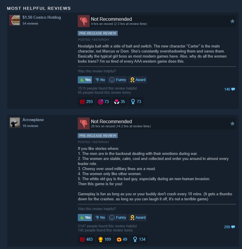 GeraltofGoonia's tweet photo. Here are the top-rated reviews for Gears of War: E-Day on Steam, with thousands of upvotes

Don't let anyone gaslight you into thinking we are a vocal minority 

We used to be the silent majority

Now we're the *vocal* majority, and we want our video games back @asha_shar https://t.co/SYt0VsjVWs