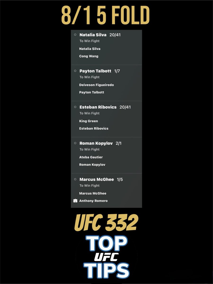 UFCtoptips's tweet photo. 8/1 for this 5 fold! #UFC332 https://t.co/GicM0ZTyaz