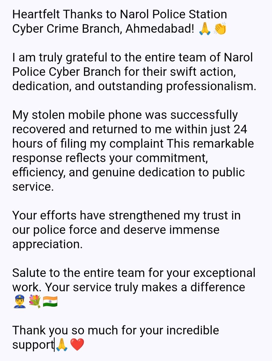 nick_mr_perfect's tweet photo. @AhmedabadPolice @GujaratPolice I am extremely happy and truly satisfied that I got my stolen mobile phone back within just 24 hours of filing my complaint. This quick and remarkable response has genuinely impressed me
Thankyou @AhmedabadPolice @GujaratPolice special thanks to  Narol Cyber Branch 😊 https://t.co/yhNvoqhIzV