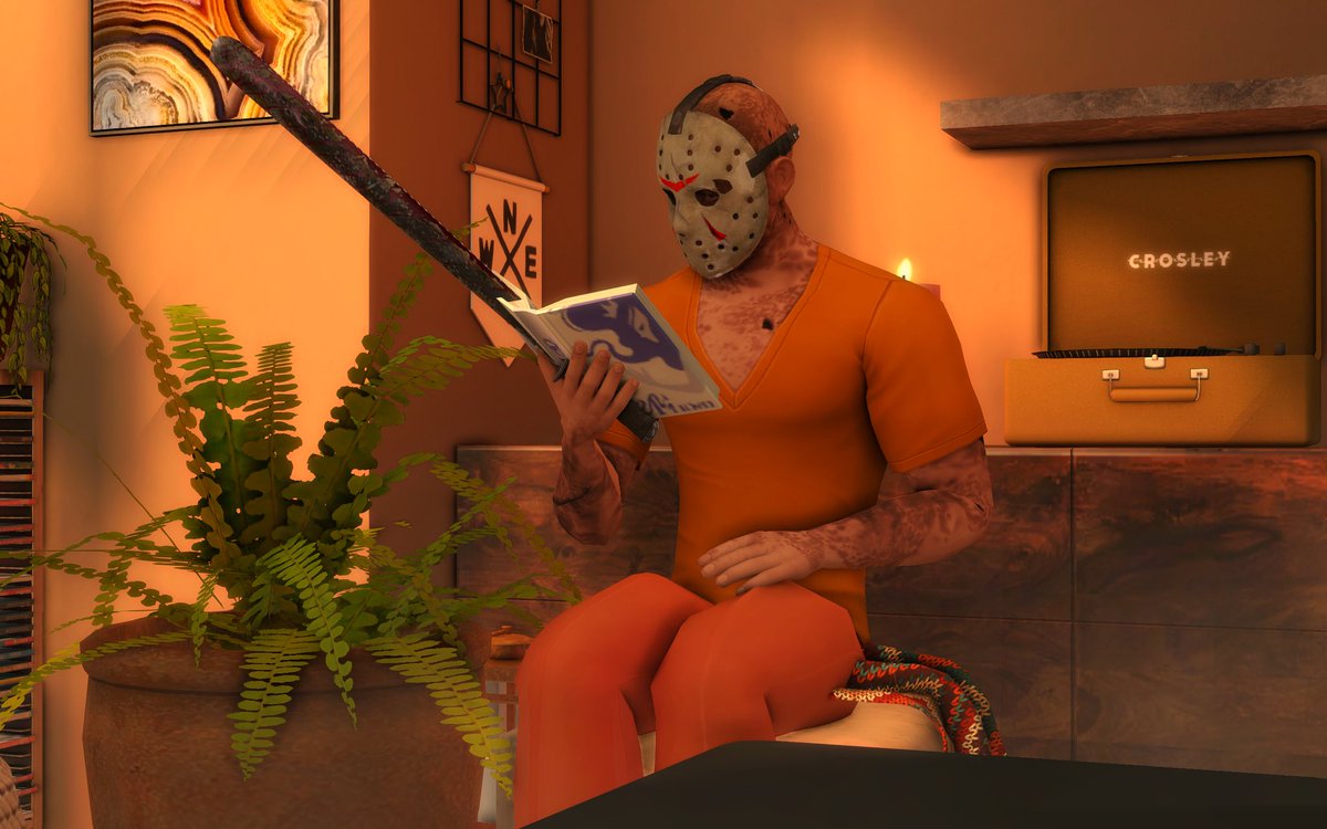 wardenhardass's tweet photo. need an orange pfp so k can have jason vorhees in my house w a machete reading a book as my banner https://t.co/RAJOsoqd6R