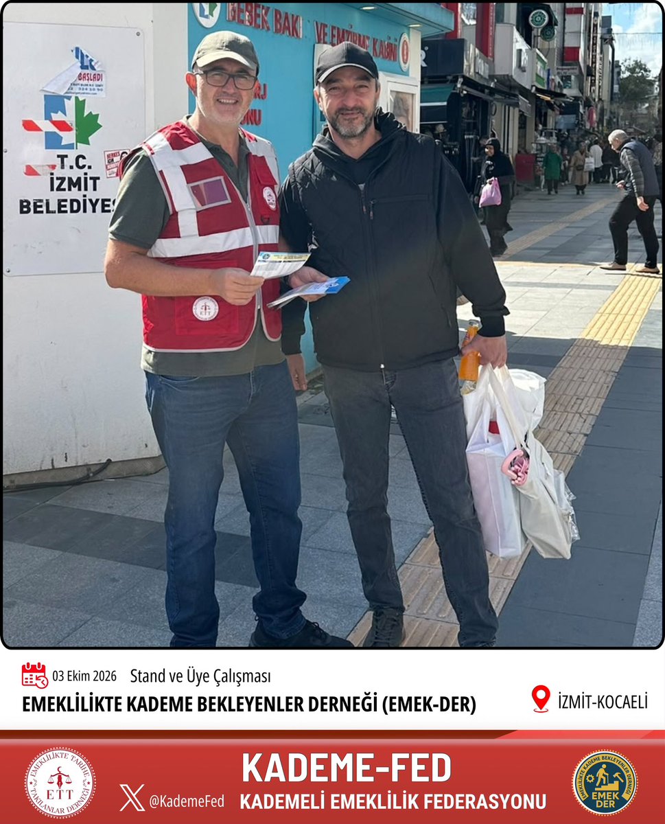KademeFed's tweet photo. 📍 KOCAELİ’DE KADEME İÇİN SESİMİZİ YÜKSELTTİK!

Bugün Kocaeli’nde Kademeli Emeklilik Federasyonu ve Emeklilikte Kademe Bekleyenler Derneği (EmekDer) olarak standımızı açtık.

Vatandaşlarımızla buluştuk, yaşanan adaletsizliği anlattık, prim esaslı kademeli emeklilik talebimizi bir kez daha güçlü şekilde dile getirdik.

Bizim talebimiz çok açık:

Adaletin ölçüsü işe giriş tarihi değil, ödenen primdir.

Yıllarca çalışıp yüksek prim ödeyen milyonlarca insanın emeklilik hakkı için mücadelemizi meydanlarda, sokaklarda, Meclis’te ve her platformda sürdüreceğiz.

Bugün Kocaeli’nde standımıza gelen, destek veren, sesimize ses olan herkese teşekkür ediyoruz. 🤝

Kademe olmadan olmaz!
Hakkımızı alana kadar mücadeleye devam!

@KademeFed
@EmekDerResmi 
@EttDer1999

#KademeHakkımız