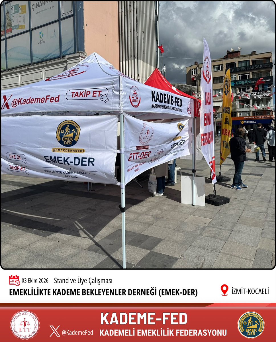 KademeFed's tweet photo. 📍 KOCAELİ’DE KADEME İÇİN SESİMİZİ YÜKSELTTİK!

Bugün Kocaeli’nde Kademeli Emeklilik Federasyonu ve Emeklilikte Kademe Bekleyenler Derneği (EmekDer) olarak standımızı açtık.

Vatandaşlarımızla buluştuk, yaşanan adaletsizliği anlattık, prim esaslı kademeli emeklilik talebimizi bir kez daha güçlü şekilde dile getirdik.

Bizim talebimiz çok açık:

Adaletin ölçüsü işe giriş tarihi değil, ödenen primdir.

Yıllarca çalışıp yüksek prim ödeyen milyonlarca insanın emeklilik hakkı için mücadelemizi meydanlarda, sokaklarda, Meclis’te ve her platformda sürdüreceğiz.

Bugün Kocaeli’nde standımıza gelen, destek veren, sesimize ses olan herkese teşekkür ediyoruz. 🤝

Kademe olmadan olmaz!
Hakkımızı alana kadar mücadeleye devam!

@KademeFed
@EmekDerResmi 
@EttDer1999

#KademeHakkımız