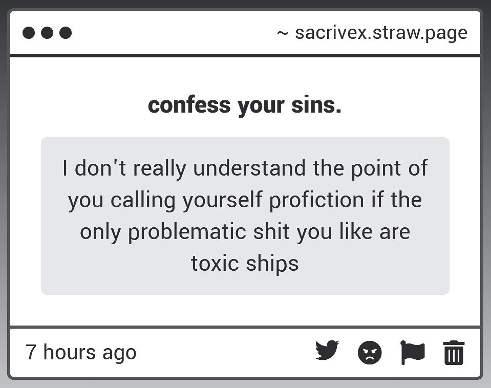 sacrivex's tweet photo. being pro-fiction means recognizing that fiction is not a moral endorsement of what it depicts, and that one can engage with dark or morally reprehensible material without condoning it in reality. the specific tropes i happen to enjoy are entirely beside the point. https://t.co/HThRJNict9