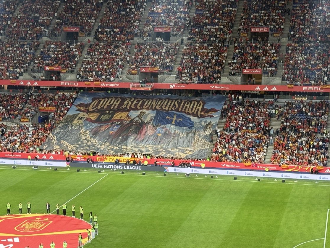 Inevitablewest's tweet photo. 🚨BREAKING: Tonight before their match against Czech Republic in the EUFA Nations League, Spanish football fans displayed a massive banner paying tribute to the Reconquista crusaders

The far-left are kicking off, but the majority of Spaniards love it. 🇪🇸 https://t.co/3OnvYEtri2