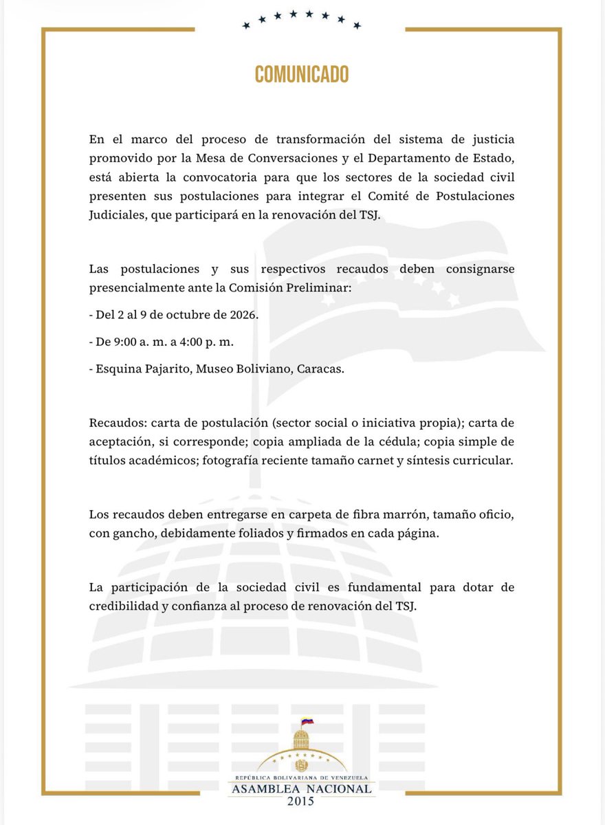 AsambleaVE's tweet photo. Abierta la convocatoria para que los sectores de la sociedad civil
presenten sus postulaciones para integrar el Comité de Postulaciones
Judiciales, que participará en la renovación del TSJ.

La participación es fundamental para dotar de credibilidad y confianza al proceso de renovación del TSJ.