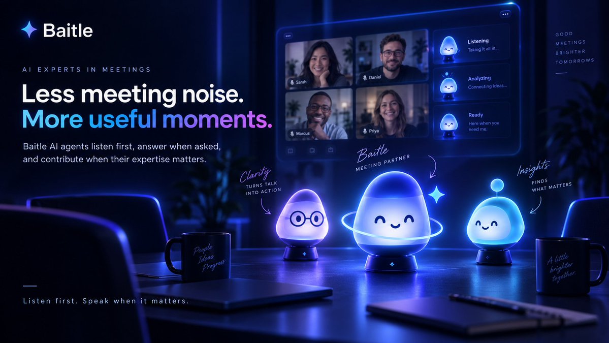 BaitleNet's tweet photo. Less meeting noise. More useful moments.Baitle AI agents join your Microsoft Teams meetings to listen first, answer when asked, and contribute only when their expertise matters.Listen first. Speak when it matters.Request beta access → https://t.co/vdksIoZwhm https://t.co/zocr1Rxxqt