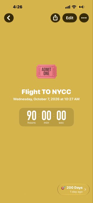 An iPhone countdown screen shows "Flight TO NYCC" scheduled for Wednesday, October 7, 2026 at 10:27 AM, with a countdown timer set to 90 hours, 00 minutes, 00 seconds.