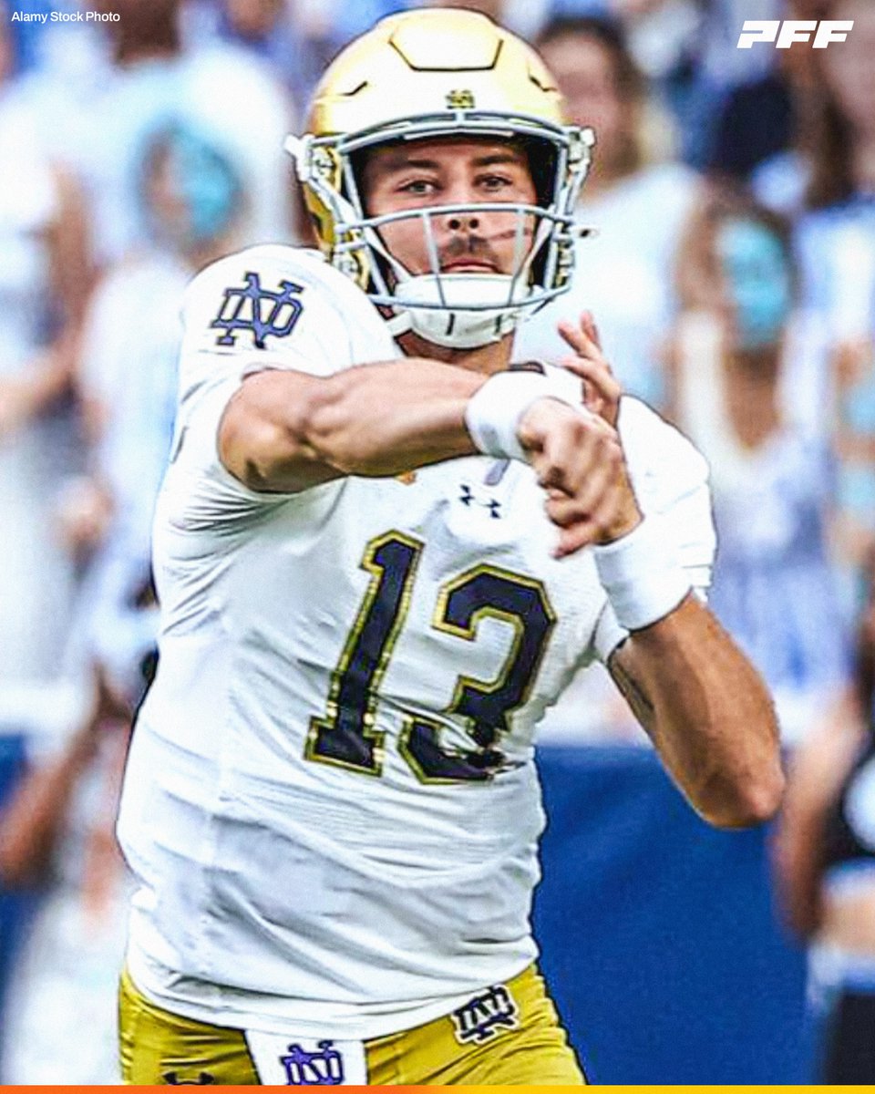 PFF_College's tweet photo. Notre Dame QB CJ Carr | Week 5 vs North Carolina:

☘️ 21/29
☘️ 234 Passing Yards
☘️ 5 Total Touchdowns
☘️ 0 Interceptions

@NDFootball https://t.co/QjD22DpuHs