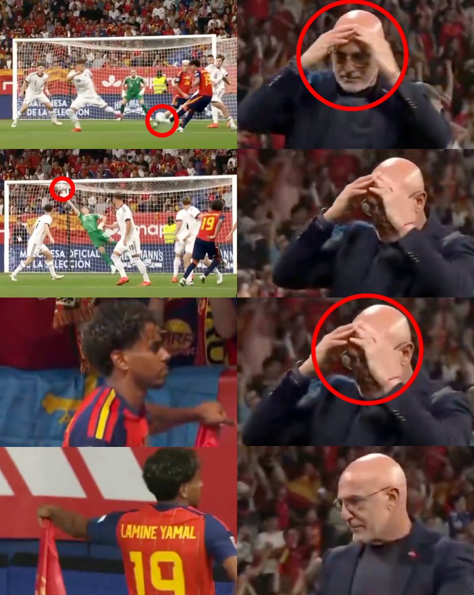 InvictosSomos's tweet photo. Vean nada más esta SECUENCIA. La reacción de Luis de la Fuente tras ver EL SEÑOR GOLAZAZO de Lamine Yamal ante Chequia. Sabes que estás en otro nivel cuando haces que tu propio entrenador se lleve las manos a la cabeza. COSAS DEL ELEGIDO.