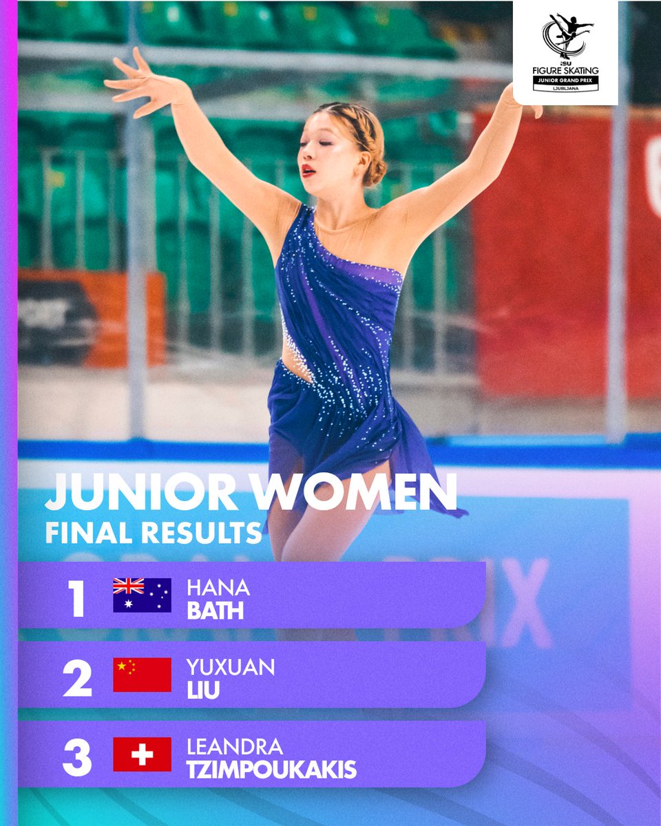 ISU_Figure's tweet photo. The Women's medals are decided in Ljubljana! ⛸️✨

🥇 Hana Bath
🥈 Yuxuan Liu
🥉 Leandra Tzimpoukakis

What a finish to the week 🔥 Who impressed you most? Tell us below 👇

#FigureSkating https://t.co/NjbW7prREW