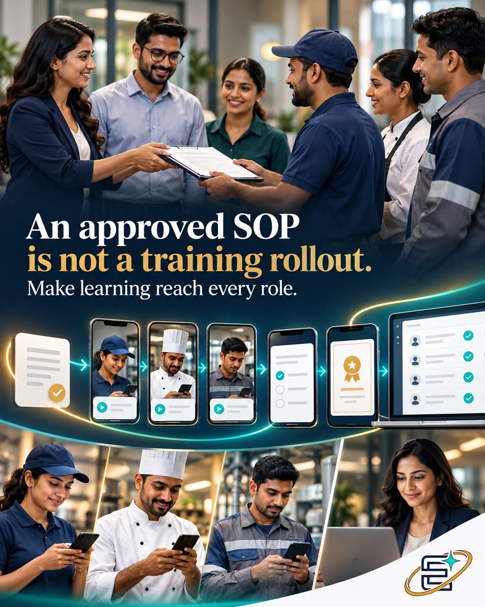 ExamiverseAI's tweet photo. An approved SOP isn't a rollout. Examiverse helps turn it into role-based training, knowledge checks and a verifiable record—so the right people learn the current process. Explore: https://t.co/ONxyf71WBt #WorkforceTraining https://t.co/Y5rWqIjI5D