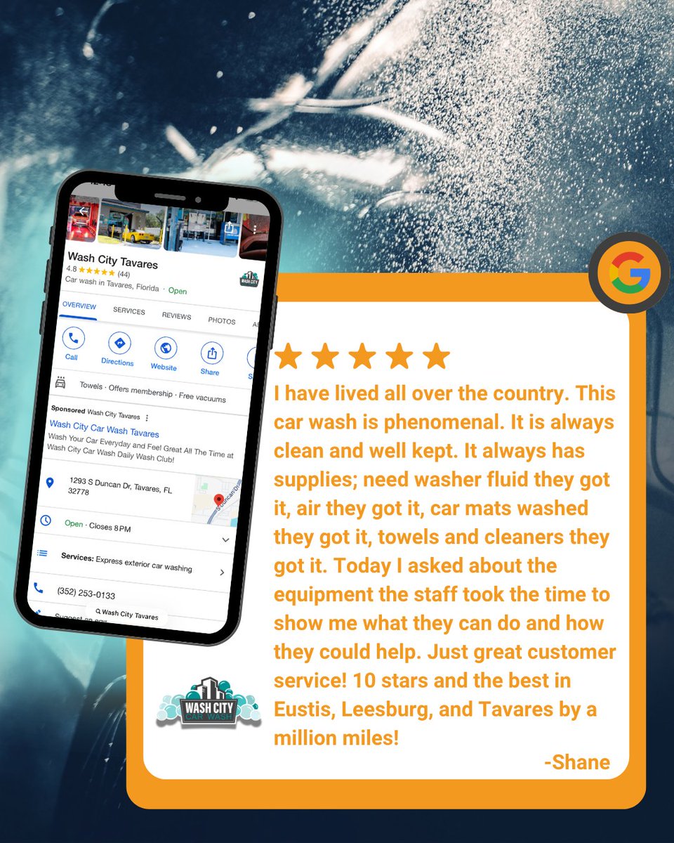 washcitycarwash's tweet photo. Shane, wowโthank you for the ultimate shoutout! Coming from someone who has lived all over the country, hearing that Wash City stands out as phenomenal means everything to our team.
Thanks for rolling with us, Shane! ๐๐จ
#WashCityDifference #LakeCountyFL #TavaresFL https://t.co/9yLbyF3UW7