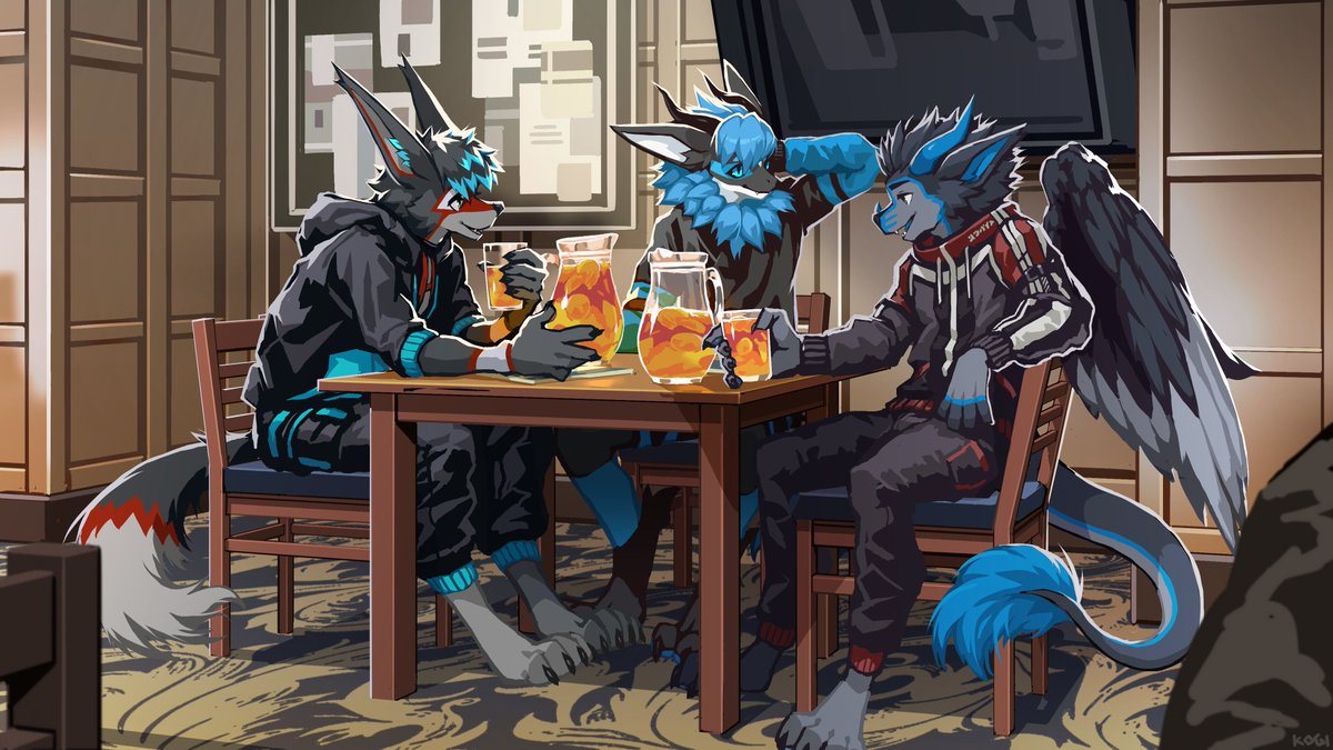 tin10herz1's tweet photo. Throwback to my UK Trip last year. Spending the last evening with @SlateTheFennec and @Batt_Boot at the pub. Thank you again for the amazing time. 

And thank you to @KogiKogiKogi1 for this amazing artpiece.
#furry #furryart https://t.co/dTttnrQzNa