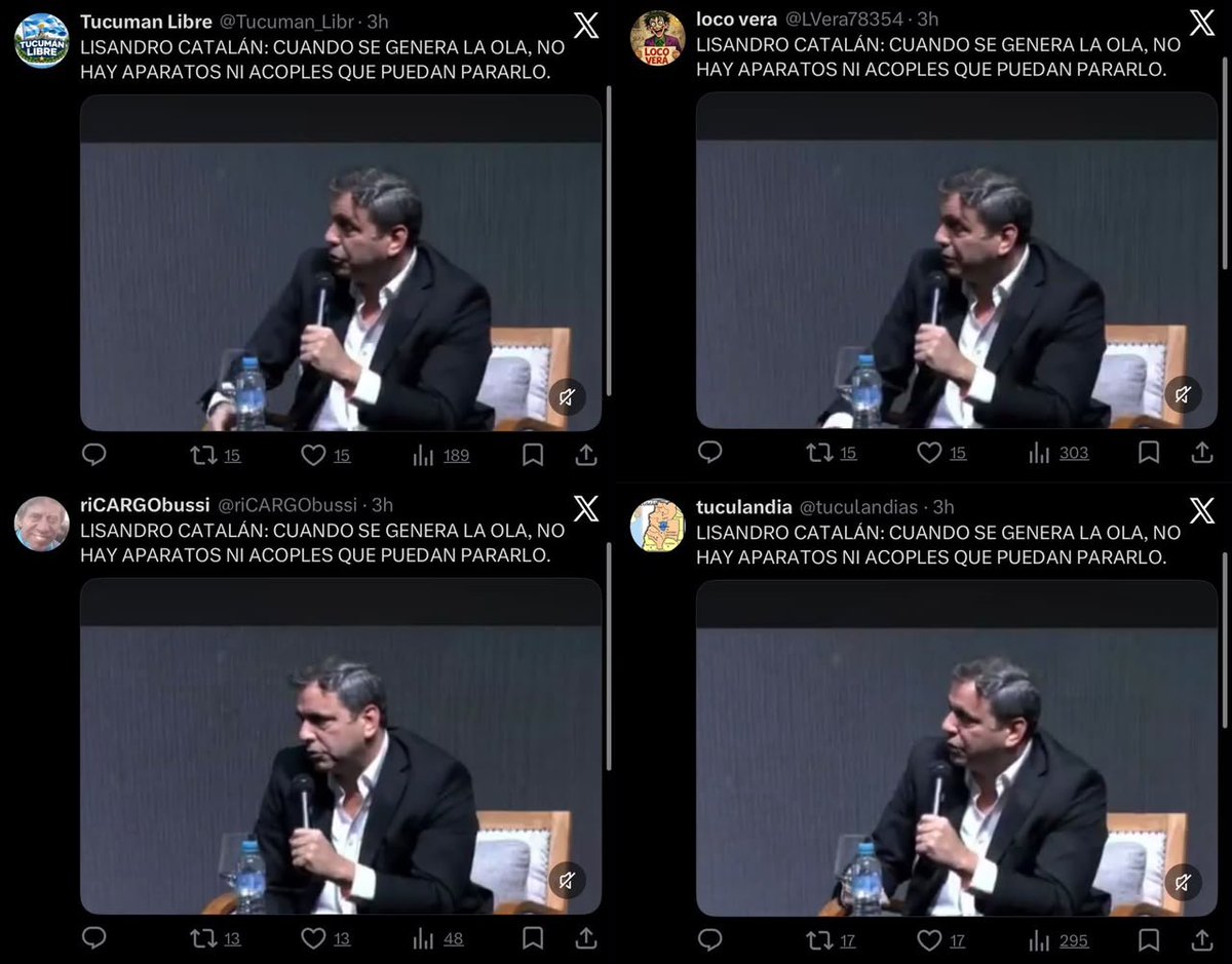 ArrepentidosLLA's tweet photo. Siguen los exitos en la comunicación del Gordo Oría en La Libertad Avanza. En este caso dándole una mano a Lisandro Catalán, candidato a gobernador de Tucumán.
800 posteos exactamente IGUALES de cuentas sin foto 🤡 https://t.co/zeK10xKrma