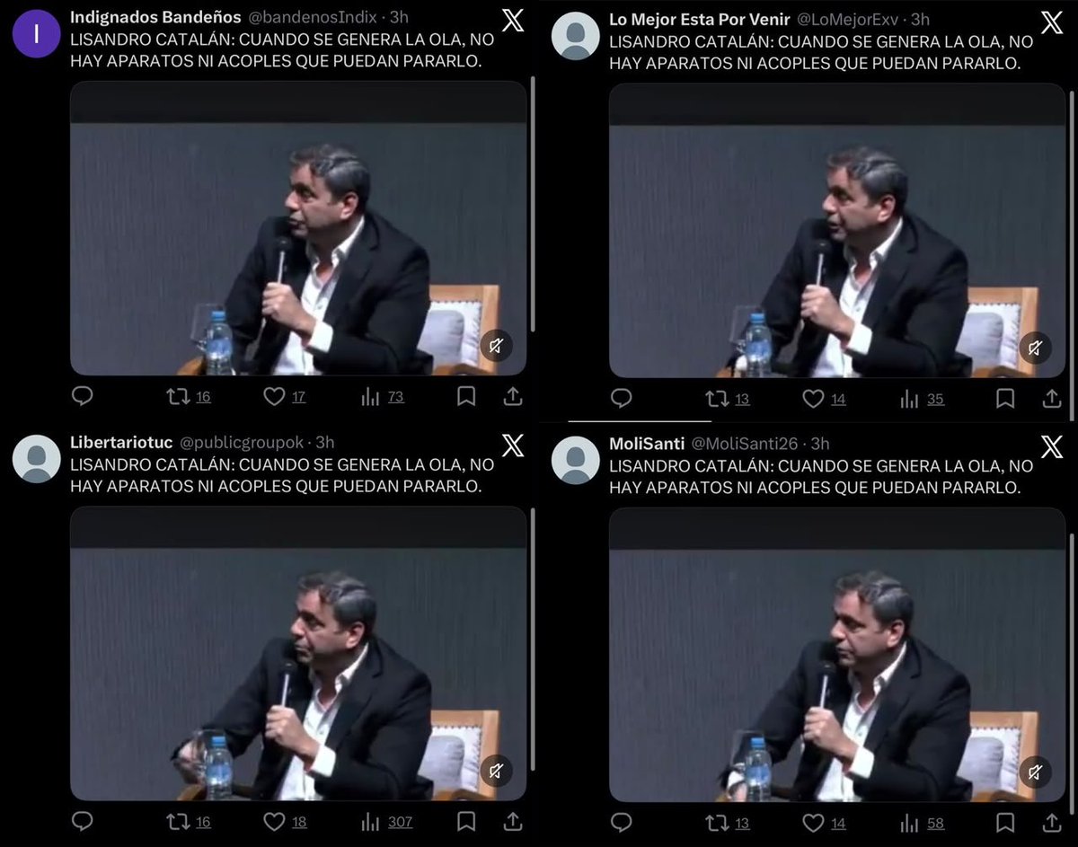 ArrepentidosLLA's tweet photo. Siguen los exitos en la comunicación del Gordo Oría en La Libertad Avanza. En este caso dándole una mano a Lisandro Catalán, candidato a gobernador de Tucumán.
800 posteos exactamente IGUALES de cuentas sin foto 🤡 https://t.co/zeK10xKrma