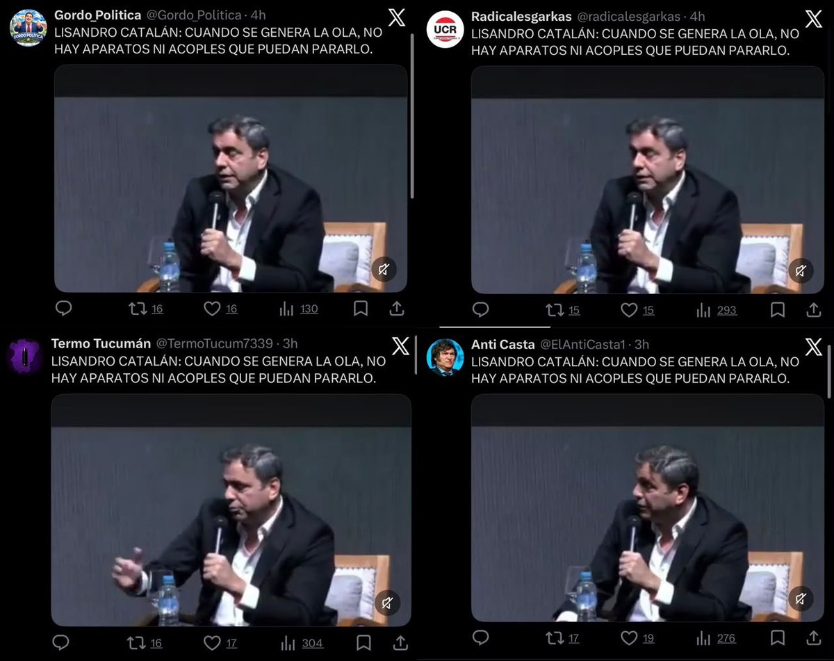 ArrepentidosLLA's tweet photo. Siguen los exitos en la comunicación del Gordo Oría en La Libertad Avanza. En este caso dándole una mano a Lisandro Catalán, candidato a gobernador de Tucumán.
800 posteos exactamente IGUALES de cuentas sin foto 🤡 https://t.co/zeK10xKrma