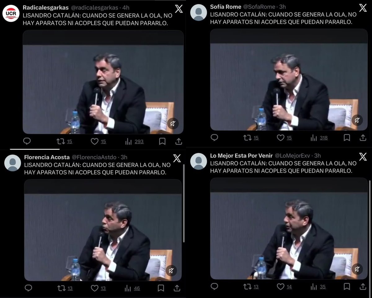 ArrepentidosLLA's tweet photo. Siguen los exitos en la comunicación del Gordo Oría en La Libertad Avanza. En este caso dándole una mano a Lisandro Catalán, candidato a gobernador de Tucumán.
800 posteos exactamente IGUALES de cuentas sin foto 🤡 https://t.co/zeK10xKrma