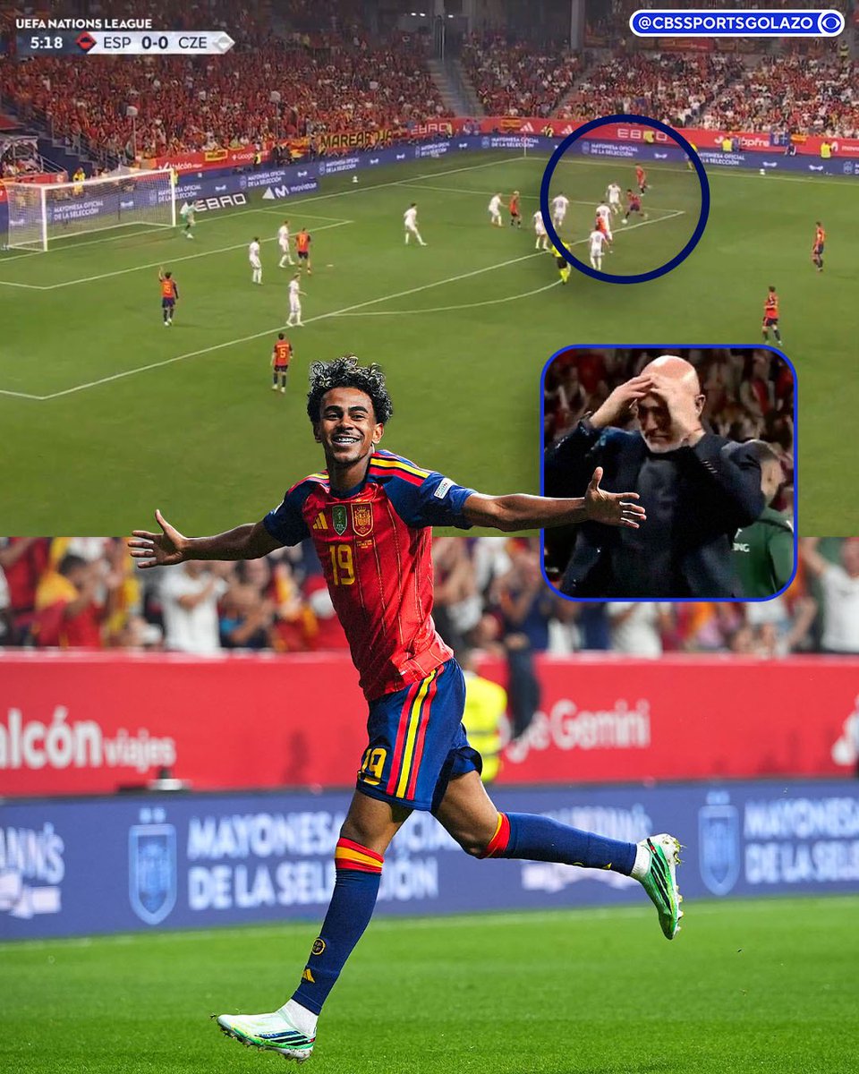 CBSSportsGolazo's tweet photo. Another game, another early Lamine Yamal goal for Spain 😮‍💨
That finish though 🤯

Luis de la Fuente’s reaction 😅 https://t.co/dzh0oYtTvs