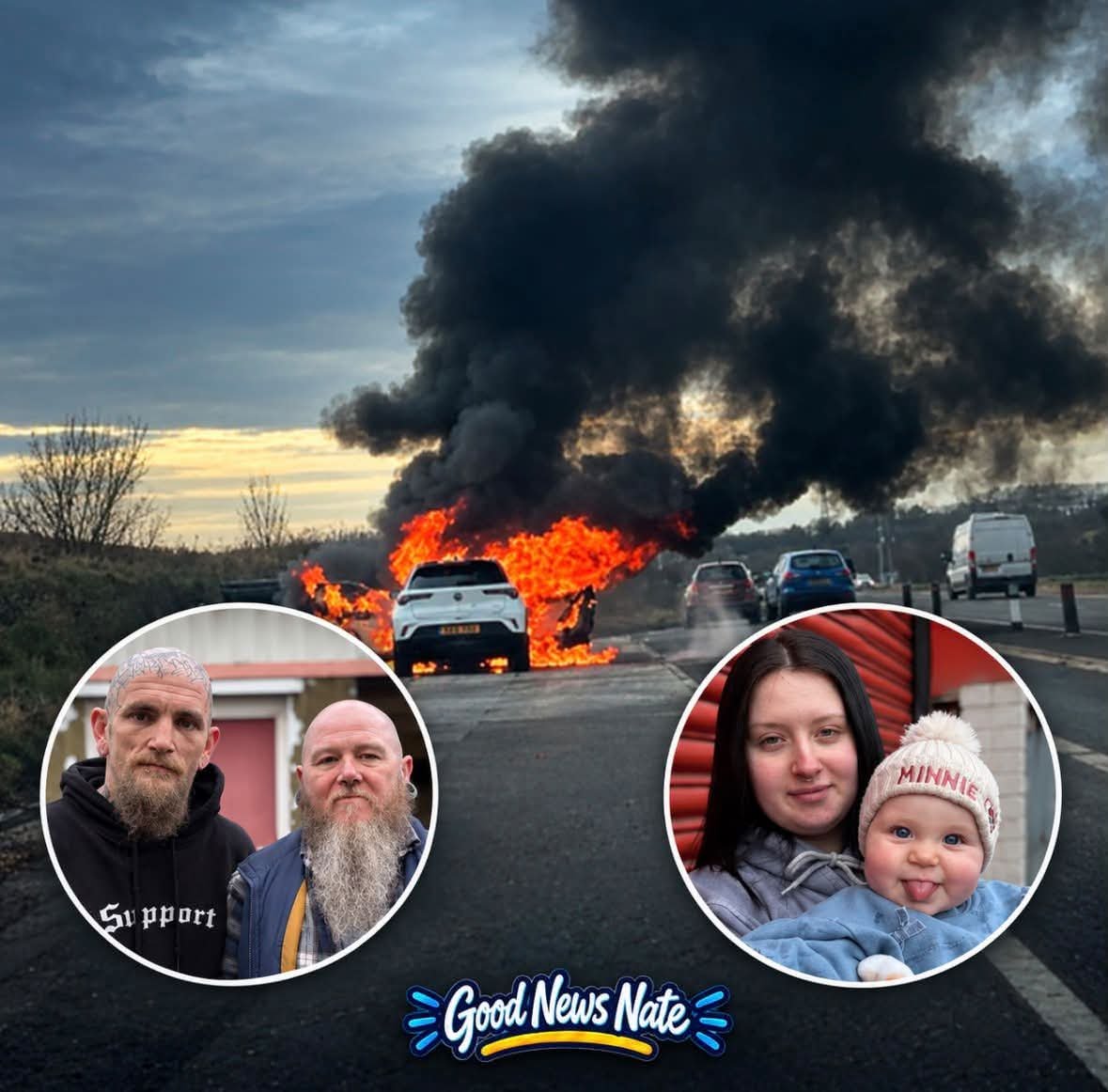 DOGEQEEN's tweet photo. A 9-month-old baby was trapped inside a burning car while the doors refused to open. As the flames continued to spread, car after car kept just driving past.

Wesley Beynon and his uncle Marc Willding were the first ones who stopped. They pulled over, ran toward the car and realized the baby was still trapped inside.

Marc tried to help from the passenger side while Wesley forced his way in through the driver’s side and climbed across the burning vehicle to reach her.

Inside, 9-month-old Lilah was still strapped into her seat as the fire continued to grow around them. Wesley managed to get the passenger door open from inside, and Marc reached in, unclipped her and pulled her to safety.

They had barely gotten Lilah clear when the car became engulfed in flames.

Her mother later reunited with Wesley and Marc and said her daughter will grow up knowing exactly who saved her life.

They were just two men driving by that day. But when everyone else kept going, they stopped.

These are the kinds of people the internet should be talking about.