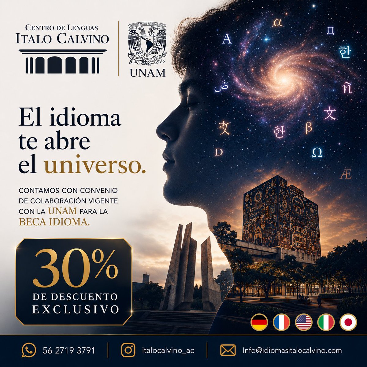 BecariosUNAM's tweet photo. #ComunidadUNAM No te pierdas esta gran oportunidad y aprende idiomas ​con beneficios exclusivos que el  Centro De Lenguas Italo Calvino tiene para ti 

✅️ 30% de descuento exclusivo 

📞 5627193791
📧 info@idiomasitalocalvino.com https://t.co/HbLUlX16E5