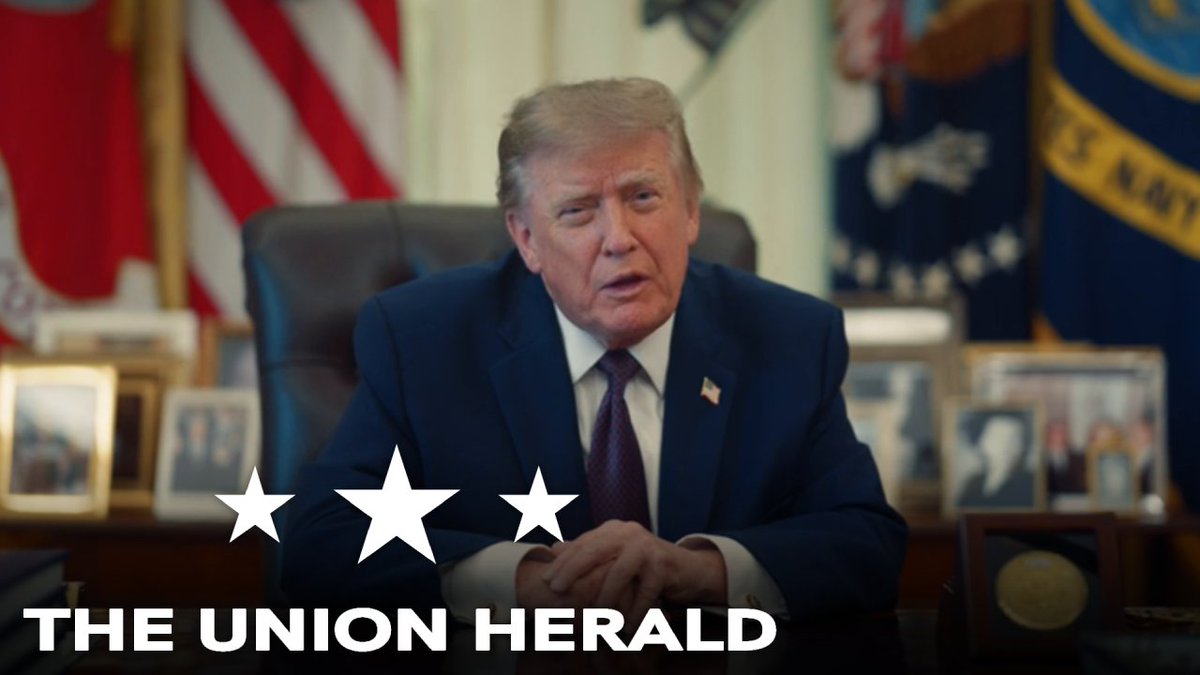 A man in a dark suit sits at a desk in front of an American flag and a presidential flag, with the text "THE UNION HERALD" and three stars overlaid at the bottom.