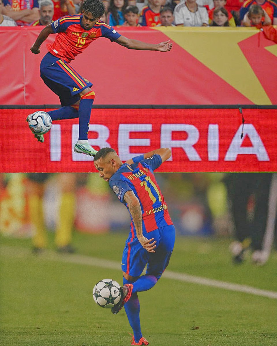 imblaugranna's tweet photo. Lamine Yamal pulled off this skill today almost exactly like his idol Neymar. 😮‍💨✨

The flair is unreal. 🪄🔥

Neymar’s influence is clear. 💙❤️

#LamineYamal #Neymar #FCBarcelona #Barca #ForcaBarca https://t.co/W9XQzKzQ3W