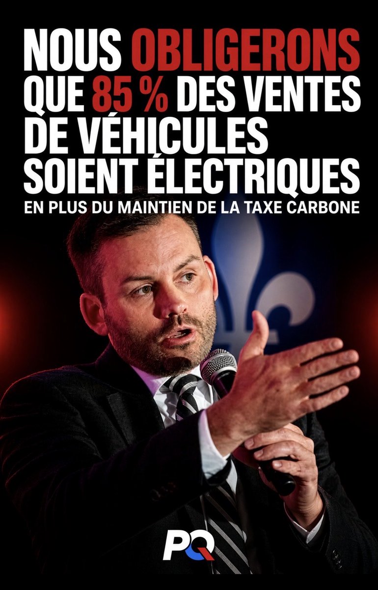 Pat77432407's tweet photo. LE PROGRAMME VERT DU PQ -  CE QUE LES PÉQUISTES NE VEULENT PAS QUE VOUS SACHIEZ 

Le v’la le programme vert du PQ comme en 2018.

Cible de 85 % de ventes de véhicules zéro émission neufs d’ici 2034 (la norme actuelle, assouplie par la CAQ, plafonne à 80 % en 2035, hybrides non rechargeables inclus dans les crédits). 

Le PQ garde le système de crédits aux constructeurs et exclut les hybrides non branchables.

•  Aides maintenues pour les bornes à domicile, déploiement accéléré de bornes rapides sur les axes routiers et dans les quartiers.

•  Valorisation du vehicle-to-grid (revendre l’énergie de la batterie au réseau).

Le parti chiffre des économies directes de 3 000 à 4 000 $ par année pour un ménage qui roule électrique et chauffe à la thermopompe, plus une « passe mobilité » à 95 $ couvrant les réseaux de transport collectif.

TAXE CARBONE 

Pour Paul St-Pierre Plamondon, le SPEDE (marché du carbone Québec-Californie) reste en place. 

Pas d’abolition, pas d’avis de retrait. L’argent continue d’aller au Fonds d’électrification et de changements climatiques, l’ex-Fonds vert. Le parti veut seulement le recentrer sur des mesures qui « démontrent une contribution claire » aux objectifs climatiques, en dénonçant les millions versés à des multinationales sous la CAQ.

Cibles climatiques et gouvernance

•  Carboneutralité visée en 2050.

•  Cible flexible de réduction des GES de 42,5 % d’ici 2034 par rapport à 1990 (plus ambitieuse que la cible caquiste de 37,5 % en 2035), avec accélération des actions après 2030

•  Budgets carbone quinquennaux et feuilles de route sectorielles de décarbonation (y compris pour les puits de carbone naturels).

•  Loi-cadre sur le respect des engagements climatiques, de biodiversité et de protection du territoire.

•  Recentrage du Fonds d’électrification et de changements climatiques (FECC) sur les mesures à contribution claire et mesurable, en priorité l’électrification des transports et du chauffage, pour mettre fin au « gaspillage ».
Énergie

•  Politique nationale de l’énergie définissant l’accès, la tarification et l’usage de l’électricité propre, avec protection de l’intérêt public.

•  Faire des économies d’énergie « la prochaine Baie-James » : révision du Plan de gestion intégrée des ressources énergétiques, cibles de sobriété et d’efficacité, plans quinquennaux.

•  Mécanismes de financement innovants pour thermopompes, isolation et panneaux solaires.
•  Soutien à la filière des biocarburants (transport lourd, hors route, industrie).

•  Encadrement des centres de données pour préserver la sécurité énergétique ; partenariats avec les Premières Nations et les Inuit.

•  Annonce ultérieure prévue sur l’augmentation des capacités de production renouvelable et hydroélectrique.

Transport et mobilité
•  Passe mobilité universelle à 95 $ par mois, valable sur tous les réseaux de transport collectif du Québec, avec rabais sur l’autocar interurbain.

•  Reconduction pour un an du rabais de 2 000 $ à l’achat d’un véhicule électrique (transactions sous 50 000 $), puis diminution graduelle sur quatre ans ; aides maintenues pour les bornes résidentielles ; cible de 85 % de véhicules zéro émission parmi les ventes de véhicules neufs d’ici 2034.

•  Accélération du déploiement de bornes de recharge rapide.

•  Priorité à l’entretien des infrastructures routières existantes avant d’en construire de nouvelles.

•  Mesure de coût de la vie liée : réduction de moitié de la TVQ sur l’essence pendant un an (environ 7-8 ¢/L de moins) et fin de la double taxation, financée en partie par un recentrage du FECC.

Bâtiments et logement
•  Incitatifs financiers et fiscaux pour accélérer l’adoption des thermopompes résidentielles.

•  Amélioration des normes de performance énergétique des nouvelles constructions et des rénovations majeures.

•  Simplification et bonification des programmes de rénovation (isolation, récupération de chaleur industrielle).