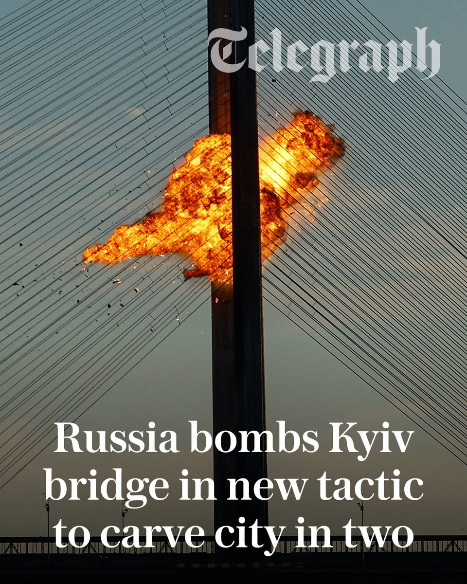 Telegraph's tweet photo. Russia has attacked one of Kyiv’s major bridges in what appears to be an attempt to carve the Ukrainian capital in two.

Vitali Klitschko, the city’s mayor, said Moscow was “tearing Kyiv apart” after striking the Pivnichnyi (Northern) Bridge on Saturday morning, injuring two people ⤵️

https://t.co/E9Ajry1D8z