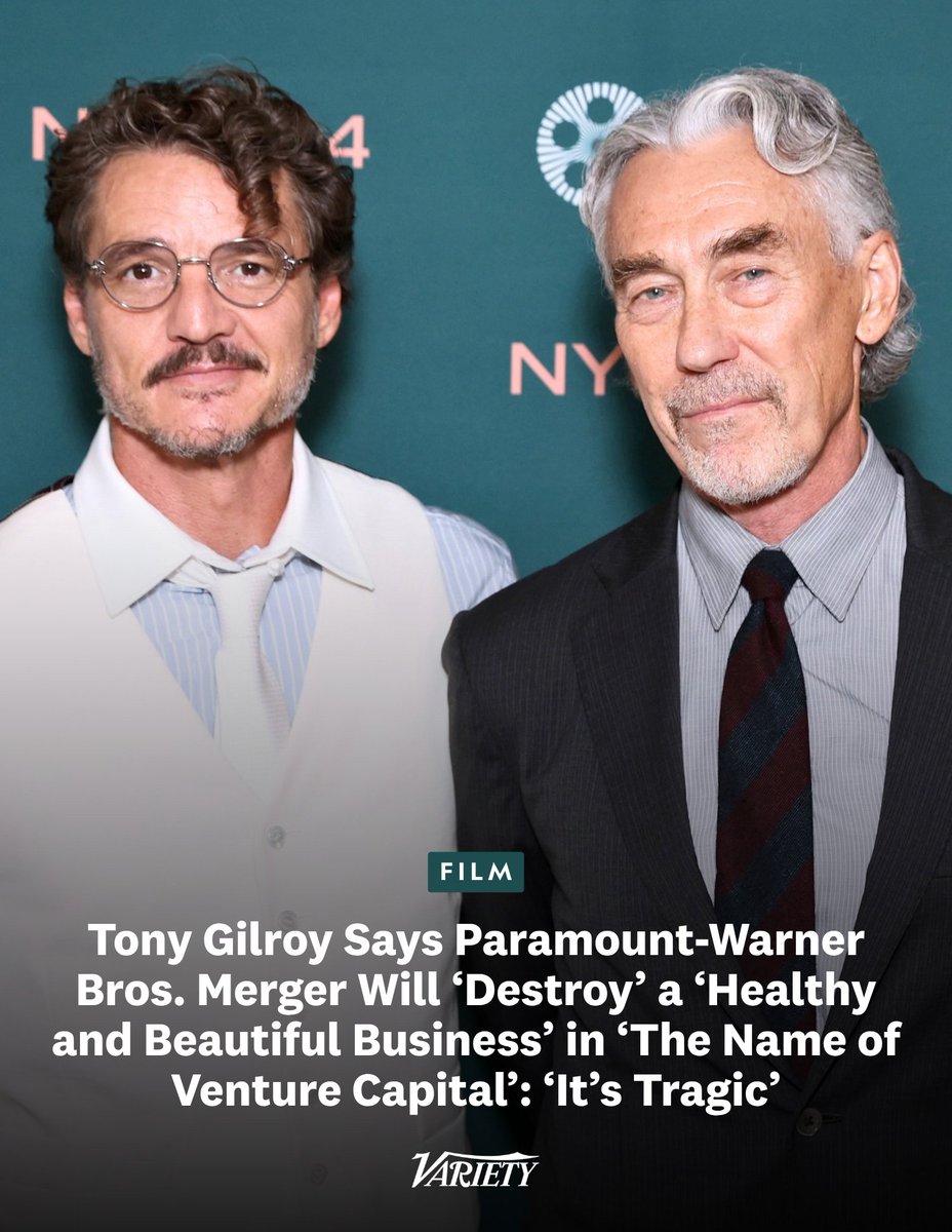 Variety's tweet photo. “Andor” creator Tony Gilroy says it’s “tragic” that the Paramount-Warner Bros. merger is threatening to “destroy the architecture” of Hollywood “in the name of venture capital”:  

“People say the movie business is in trouble You go around, you stand anywhere you want, what do people talk about? Did you see this? Did you see that? What episode are you on? The business is solid, and to destroy the architecture that made it so in the name of venture capital, it’s tragic.”

Serving as the centerpiece film at #NYFF, “Behemoth!” stars Pedro Pascal as a gifted cellist. While introducing his new film, Gilroy praised the festival’s lineup as a bright spot amid an increasingly turbulent Hollywood landscape.

“When so many things go to sh*t in Hollywood, this is like a thank you,” Gilroy told the crowd. “Thank you for letting us bring our soufflé to your groovy party.”

https://t.co/5k9VUAjL8K