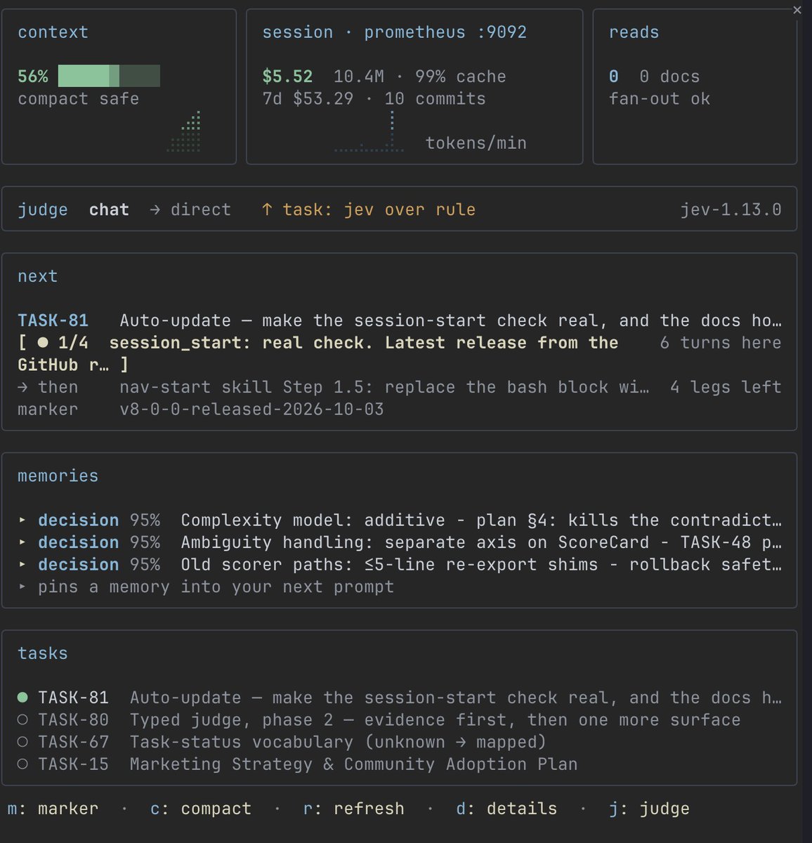 aleks_maker's tweet photo. Navigator 8.0.1 released 🎉

This update changes what you see while you work. Navigator now runs as a Claude Code mod — and it keeps you on track.

v8 runs Navigator's ops inside Claude Code (2.1.287+) instead of a Python process per hook event. Same ops, byte-for-byte parity on ~8k generated cases.

* Python stays as the fallback on older versions *

Type "/nav" — a pane opens next to the chat:
