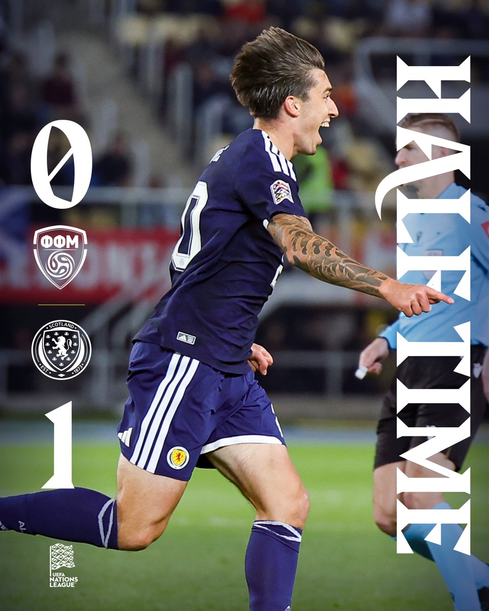 ScotlandNT's tweet photo. HALF TIME: North Macedonia 0-1 Scotland.

We lead at the break in Skopje thanks to Kieron Bowie's strike after seven minutes.

#MKDSCO https://t.co/2ltKAA43ln