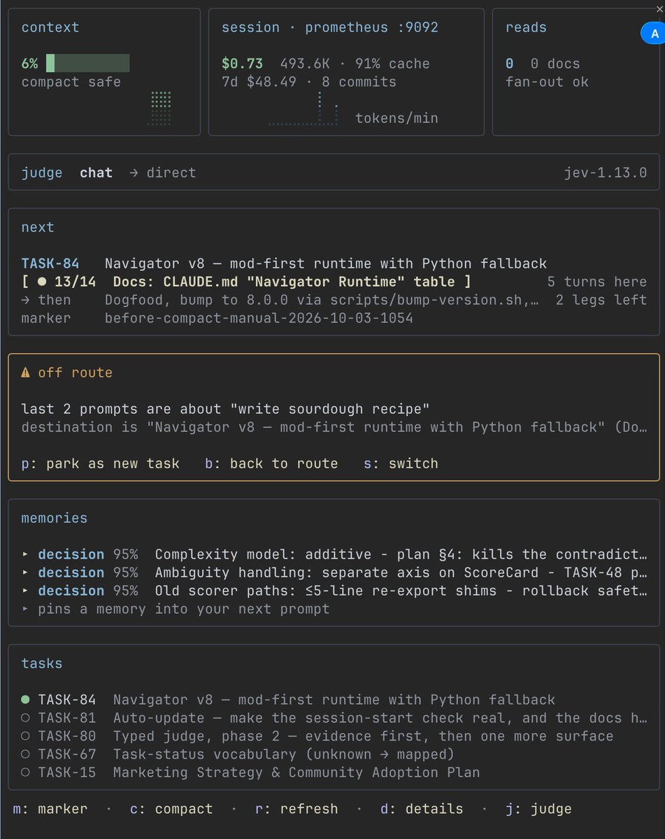 aleks_maker's tweet photo. What's on the panel

Next
The step you're on, as a button. Press n and it becomes your next prompt,
with a time estimate from how fast you've been going.

Context
How full the AI's memory is, and whether it's time to clear it.

Judge
Navigator classifies every prompt before the AI sees it (small fix? big task? unclear?) and shows its call, so you know why it asked for a plan or didn't.

Memories
Three past decisions relevant to your task; pin one into your next prompt.