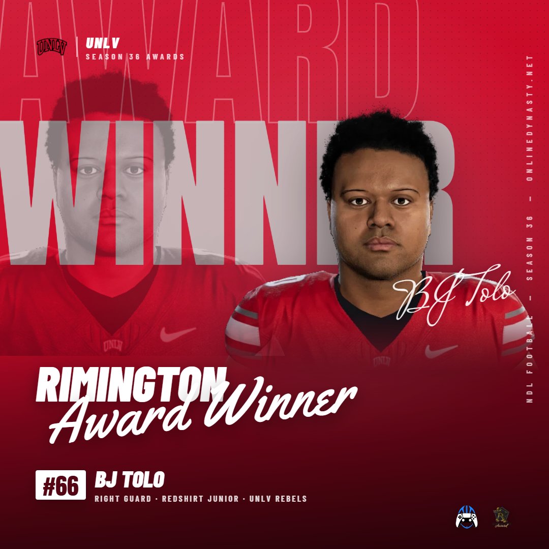 _onlinedynasty's tweet photo. Rimington: UNLV's BJ Tolo wins the Rimington Award, 33-13 over Kaden Moreau. Both tied for the league lead with 61 pancakes. #NDL https://t.co/5oDO6r5NDi