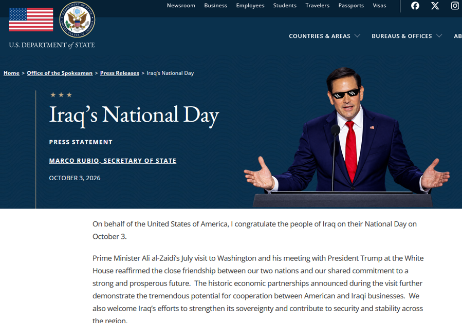 TheDebriefing17's tweet photo. 🚨Read the State Department, not the headlines.

October 2025. Iraq's National Day statement arrived two weeks late. On business, it said Washington would "look forward to pursuing opportunities" for trade. Future tense.

October 3, 2026. On time. Three days after the last American soldier left Erbil.

Five sentences. Three of them are about the relationship, the July White House visit, and "historic economic partnerships announced." Past tense.

Troops: not mentioned. Coalition: not mentioned. ISIS: not mentioned. Iran: not mentioned. Militias: not mentioned.

Security gets half a sentence. Washington "welcomes Iraq's efforts to strengthen its sovereignty."

Efforts. The same morning, Baghdad told its people sovereignty was "completed." The militias are still on a timeline that now runs into 2027. Washington chose its word carefully.

Military out. Companies in. State wrote it down.

Follow the pen.

I am the guy on the couch, and you have been debriefed.