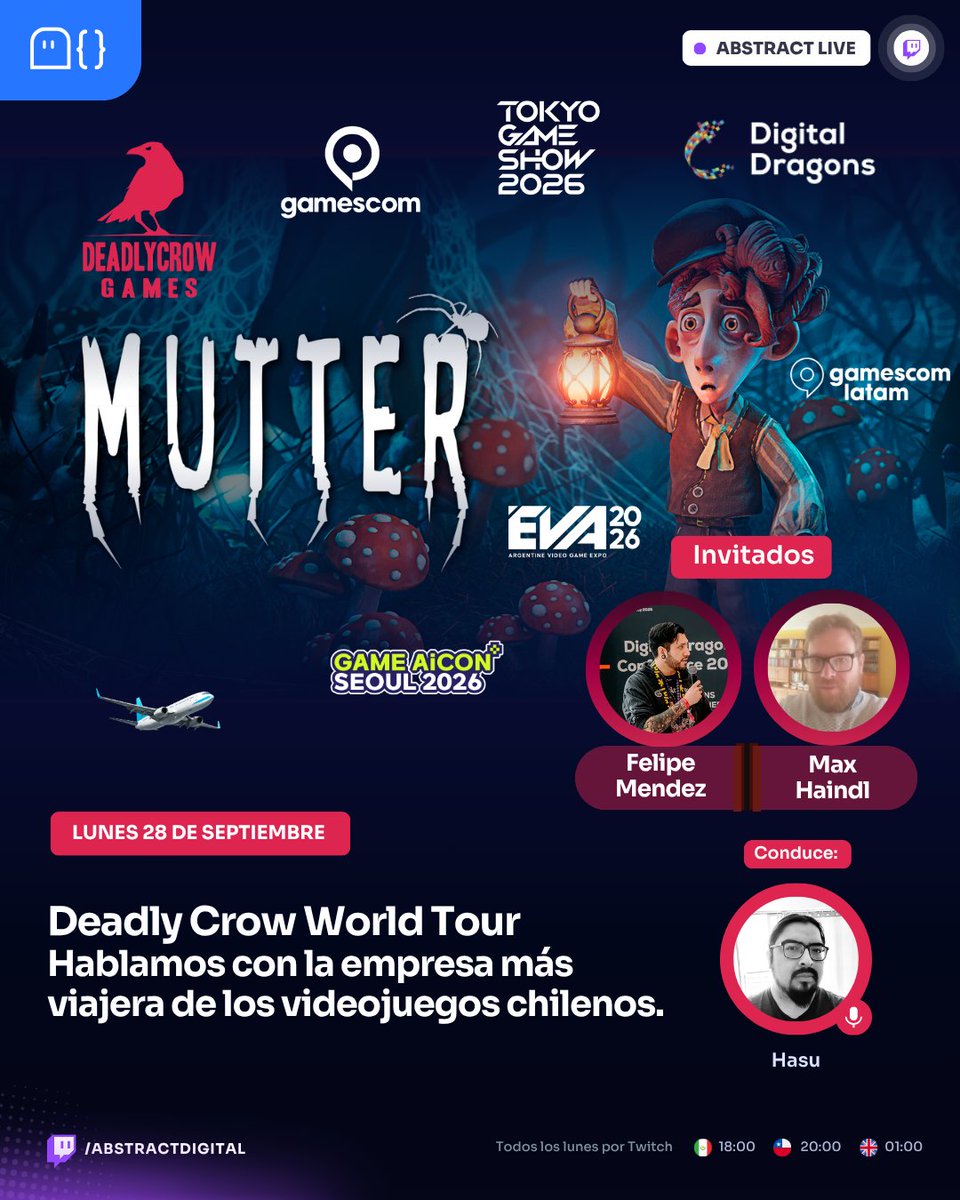 AbstractDw's tweet photo. 🚨Este lunes conversamos con los recién llegados de Japón, @DeadlyCrowGames 🐦‍⬛y nos cuentan todo sobre sus viajes de negocios.

🔴En vivo por 📺https://t.co/9n2Yjqp2gY desde las 🕗20:00 horas CLT.

#indiegames #indiedev #gamedev #mutter https://t.co/kCgh3hEmFG