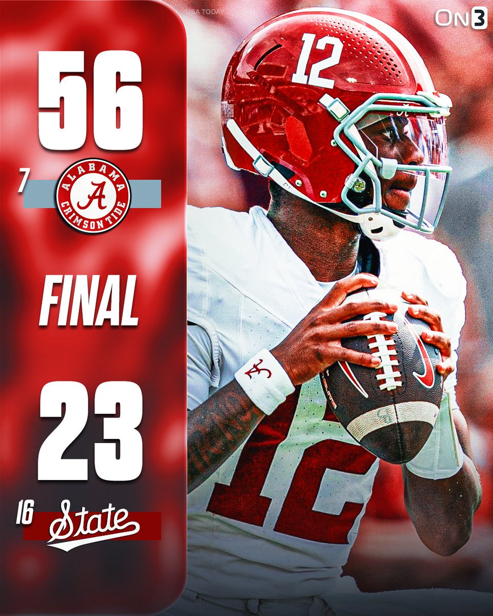 On3's tweet photo. No. 7 Alabama THROTTLES No. 16 Mississippi State in Starkville🐘

https://t.co/bSrdiX4PfF https://t.co/od1QKKD1p4