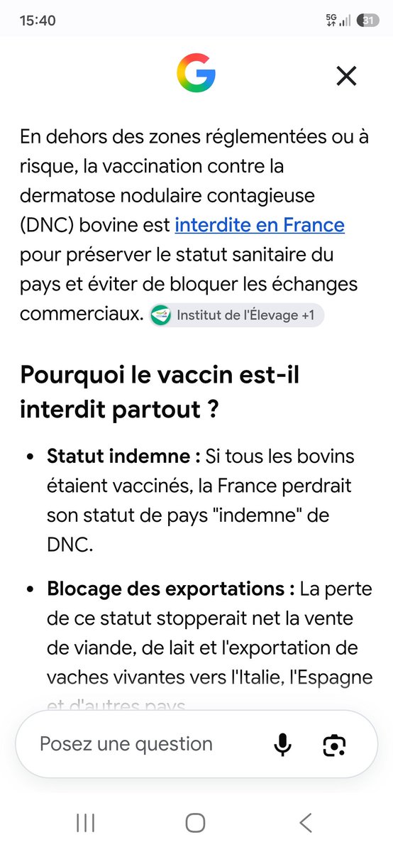 AgretDenis's tweet photo. La vaccination massive des bovins pour #DNC va conduire tôt ou tard à des tests ++ chez des troupeaux vaccinés.
Après le sang contaminé, la viande et le lait contaminé...
Le risque majeur est que la France perde son statut de pays "indemne" de DNC ce qui conduira au blocage des exportations : viandes, lait et vaches vivantes. 
A écouter les agriculteurs, il n’y a aucun maire qui défende les agriculteurs qui ne veulent pas vacciner leurs vaches pour des raisons légitimes.
Ces vaches non vaccinés seront alors sans doute les plus prisées dans un marché où l'export sera interdit.
L'avantage : les agriculteurs qui auront résisté à la vaccination pourront vendre leurs viandes et lait à prix élevé : tout ce qui est rare, est cher.
Courage chers amis agriculteurs. 
Tenez bon.
