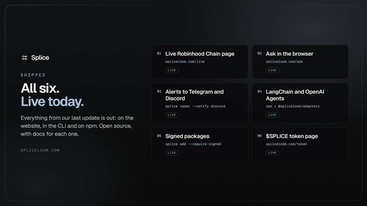 spliceloom's tweet photo. Shipped: everything from our last update is live.

1. Live Robinhood Chain page: TVL, stock tokens, perps and new pools. https://t.co/VzWvjMpmOe
2. Ask in the browser, every answer with its sources. https://t.co/NJ11cZyuss
3. Alerts to Telegram and Discord: splice radar --notify discord
4. Framework adapters for OpenAI, the OpenAI Agents SDK, LangChain and the AI SDK: npm i @spliceloom/adapters
5. Signed packages: every official skill is signed, and splice add --require-signed refuses anything unsigned.
6. $SPLICE token page: supply, holders and burns, read live from the chain. https://t.co/Mi4h633qUC

Open source, with docs for each one.

npm install -g @spliceloom/cli
https://t.co/vxYrWhZILX