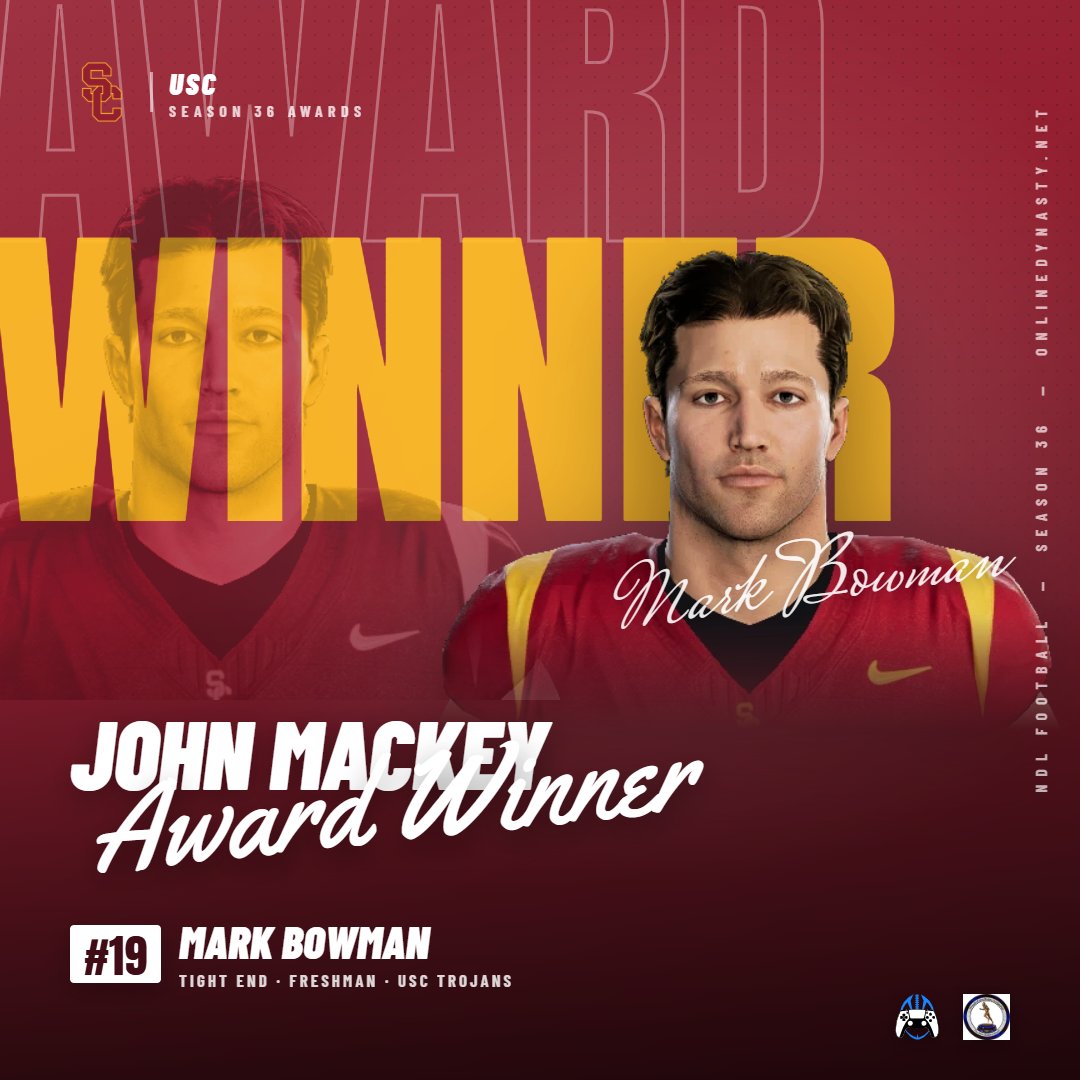 _onlinedynasty's tweet photo. John Mackey: USC freshman TE Mark Bowman wins the John Mackey Award with 32 pts: 81 catches, 1,214 yards, 10 TDs. Terrance Carter Jr. was 2nd with 14 pts. #NDL https://t.co/RiFymboH8U