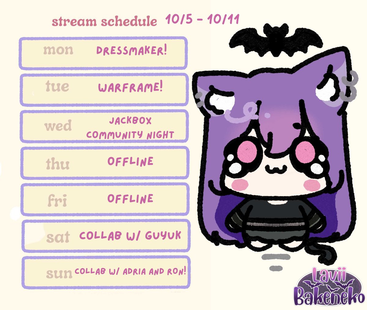 LaviiBakeneko's tweet photo. My schedule for next week! If I can get to the store, I may end up doing a handcam stream teaching hand-sewing skills! Friendly reminder: all October streams have a code benefiting @StJude through @SaintlyScares! https://t.co/9Ncm3Jf3oE