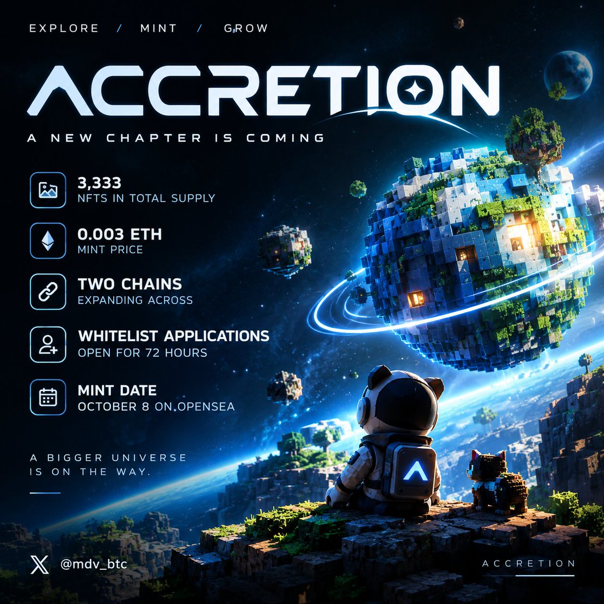 AMOOHAMED6's tweet photo. ACCRETION is building toward its next milestone

A few details worth keeping on your radar:

 3,333 NFTs in total supply
0.003 ETH mint price
 Expanding across two chains
Whitelist applications open for 72 hours

The mint is scheduled for October 8 on OpenSea

A new chapter for ACCRETION is taking shape. Keep an eye on the project as it unfolds

@mdv_btc